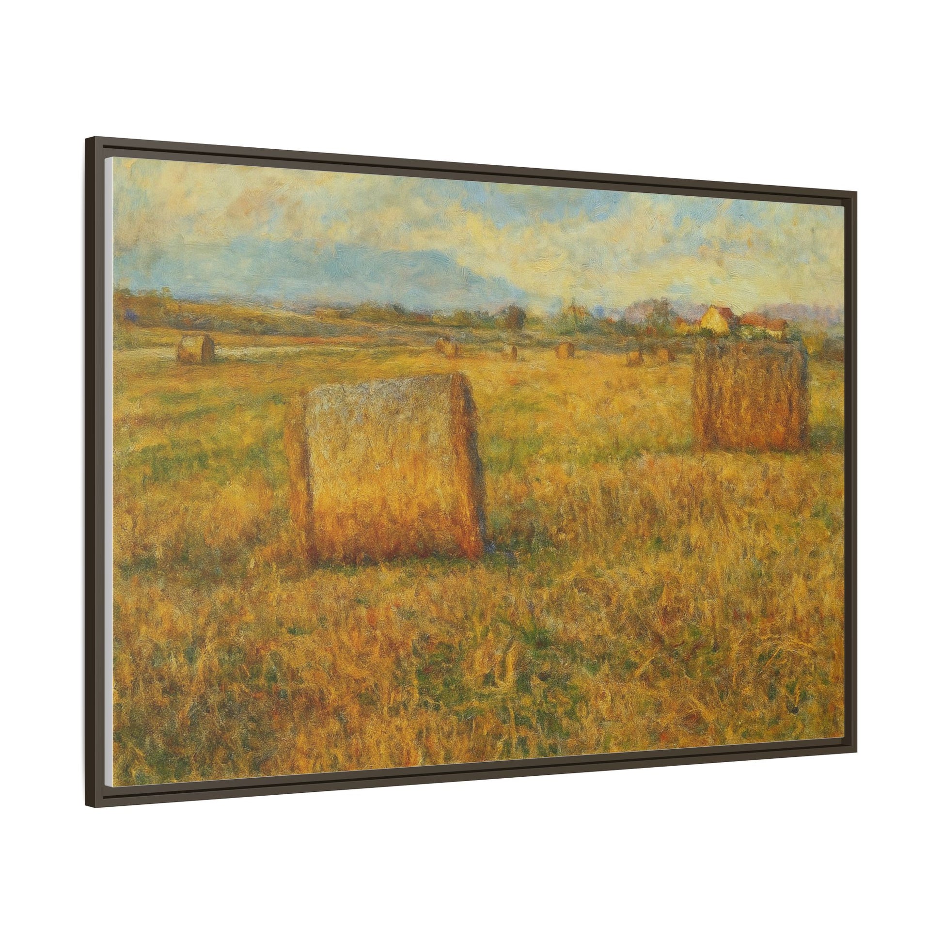 Framed matte canvas wall art featuring a rustic hayfield landscape print by Printify, showcasing natural countryside scenery.