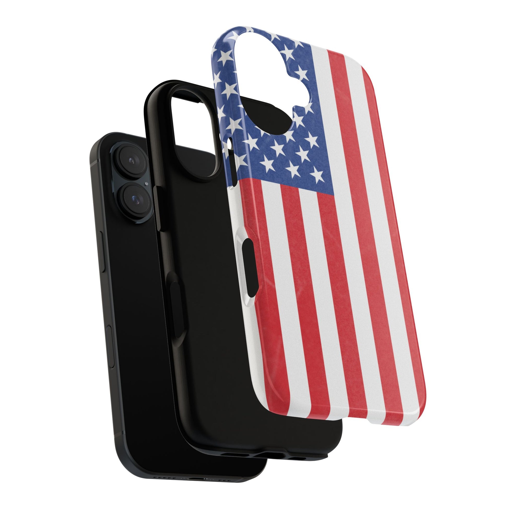 American flag tough phone case for iPhone and Samsung, patriotic protective cover with bold flag design from Printify.