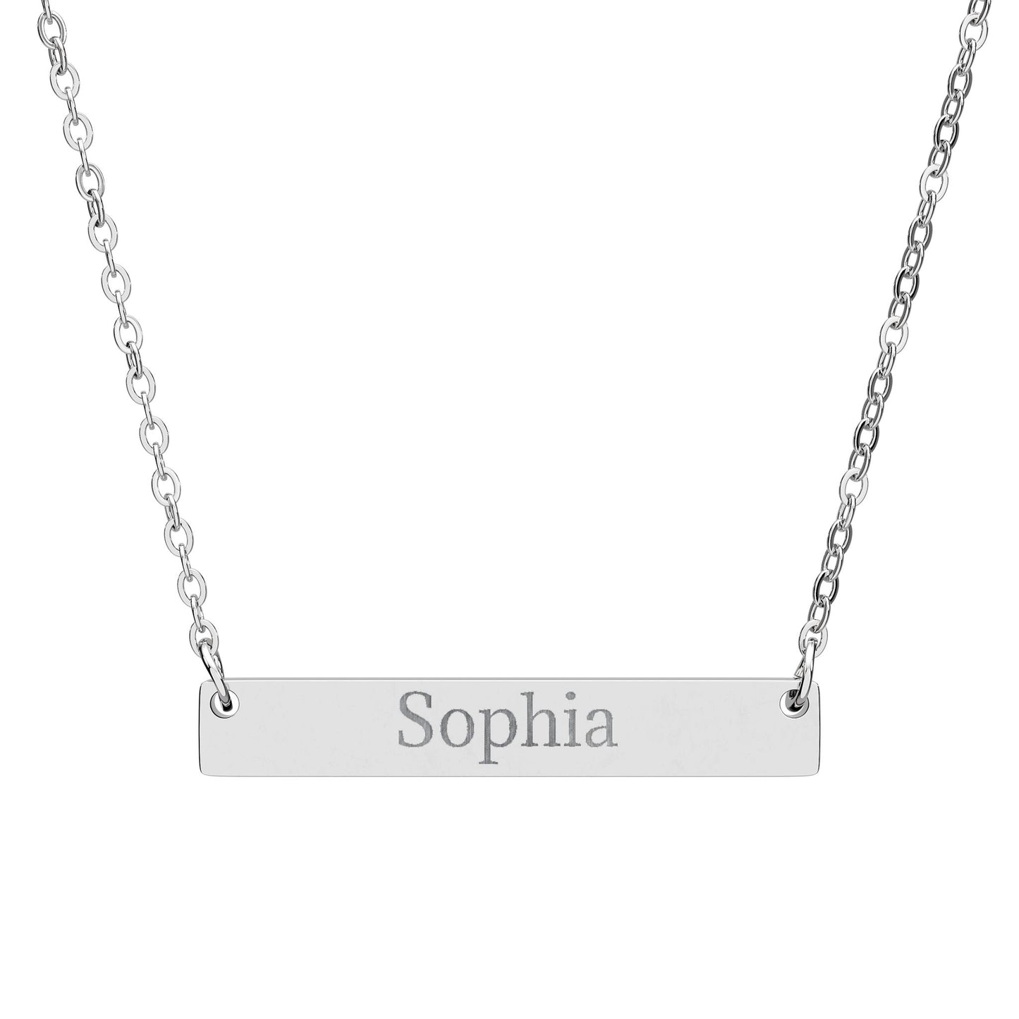 Personalized engraved bar necklace with custom horizontal name pendant, stylish accessories by Printify on a white background.