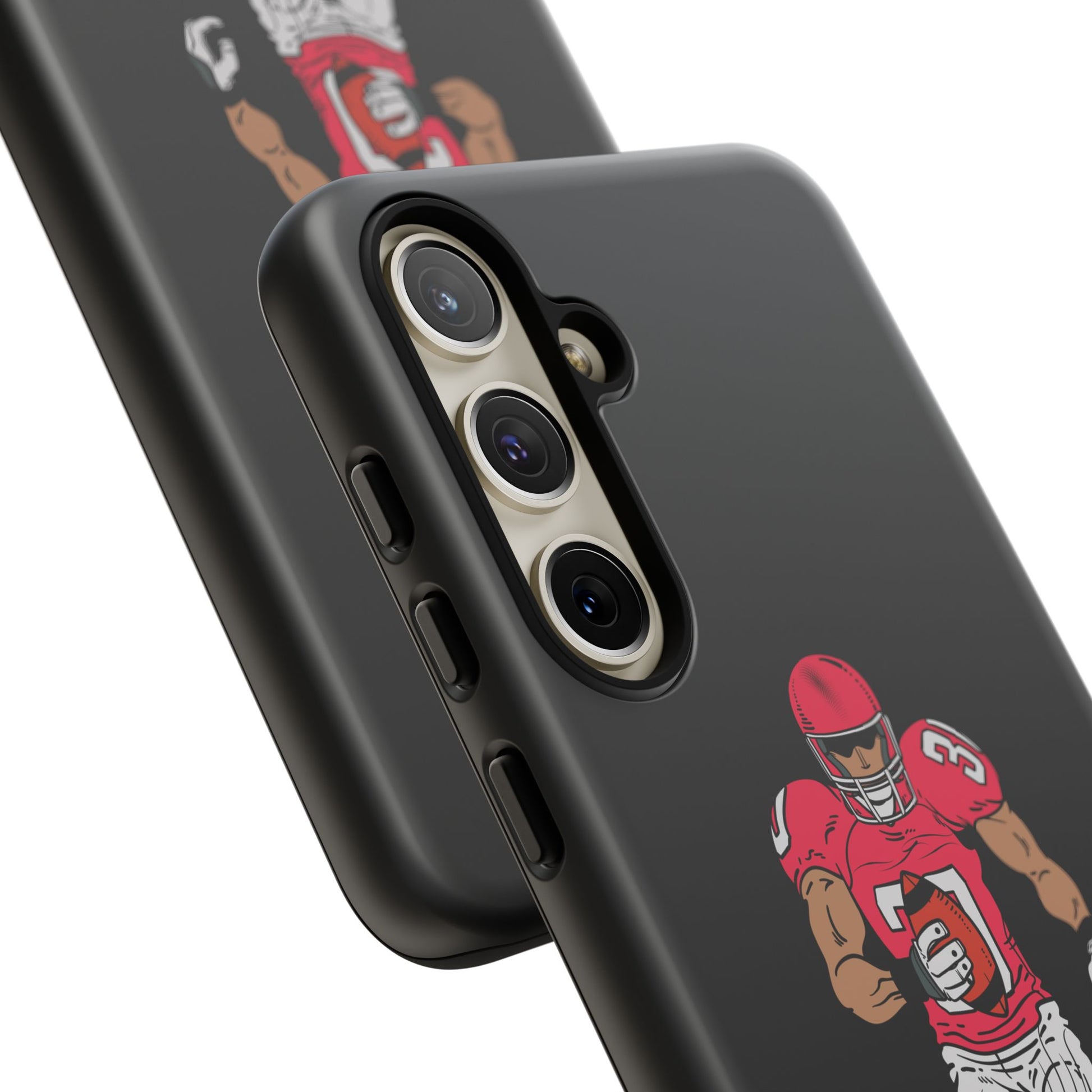 Black football player tough phone case for iPhone, featuring sports design, protective grip, and Printify branding.