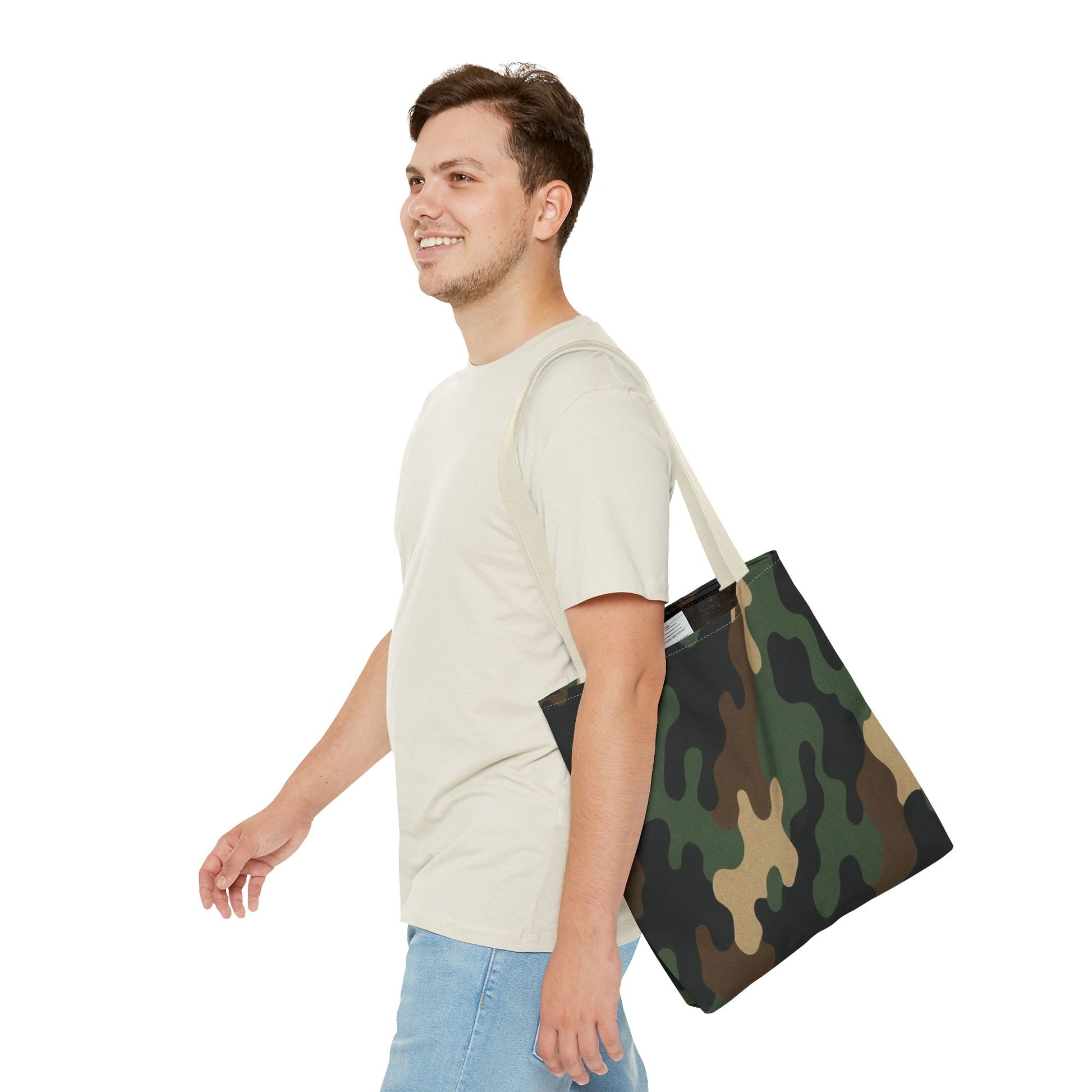 Camo pattern tote bag from Printify featuring all-over printed canvas, open top, and sturdy carry handles.