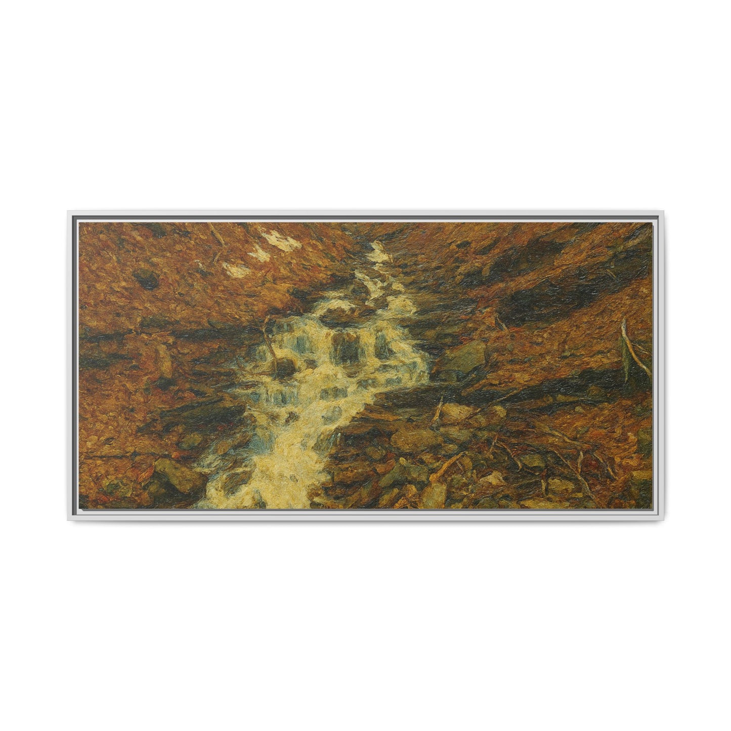 Framed matte canvas print of autumn stream landscape artwork by Printify, showcasing vibrant fall colors and serene nature scene.