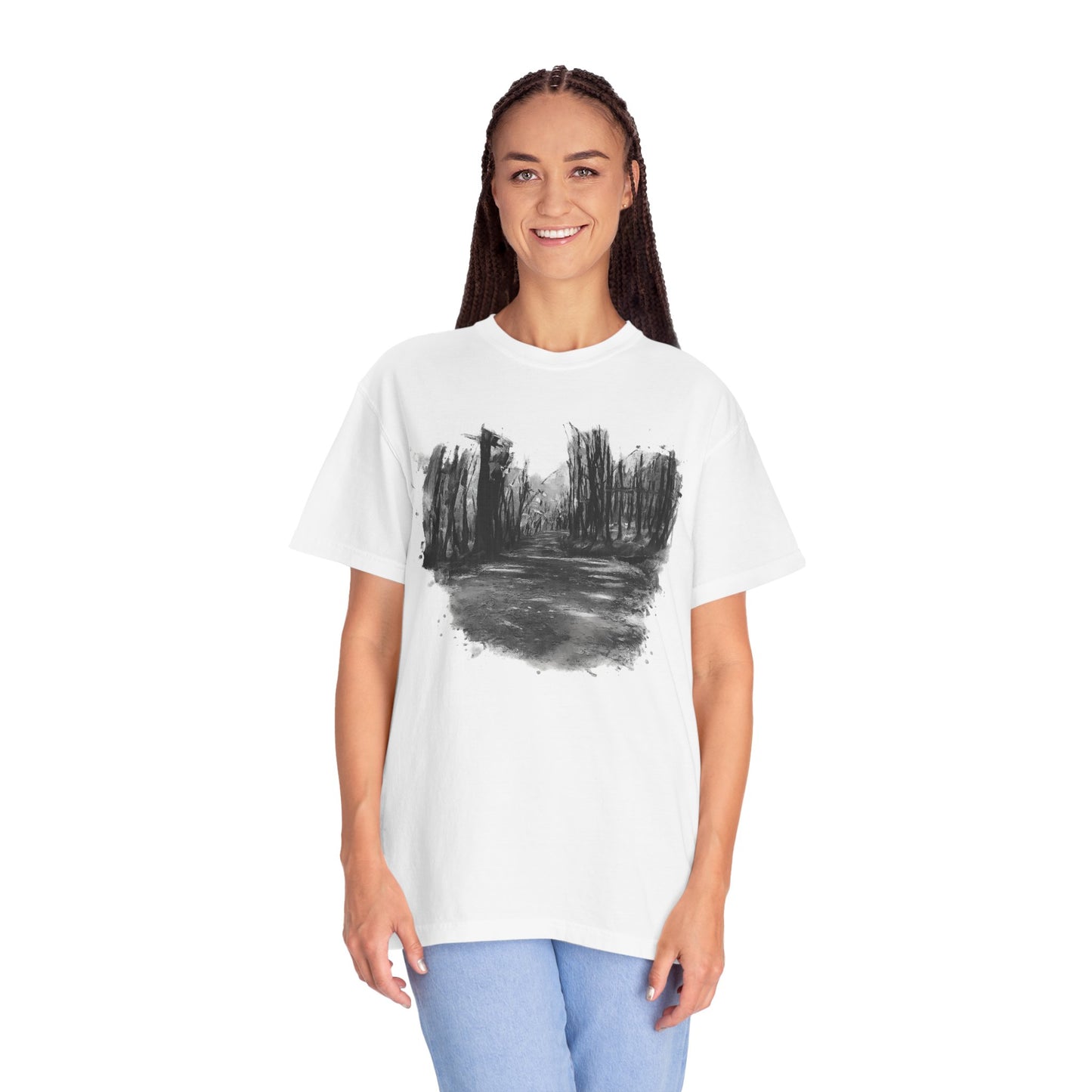 Artistic Forest Scene T-shirt | Nature Lover Gift, Outdoor Adventure Tee, Eco-Friendly Fashion, Vintage Inspired Clothing, Unisex Gift - TRV