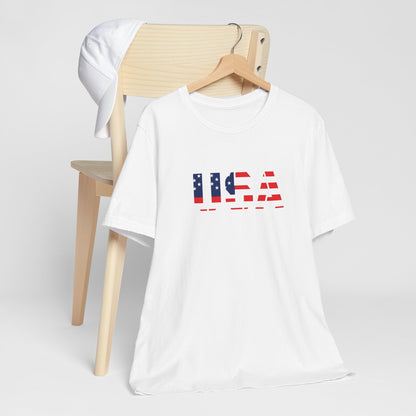 USA Flag Text Tee — Patriotic Fourth of July T-Shirt
