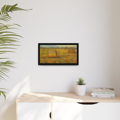 Framed matte canvas wall art featuring a rustic hayfield landscape print by Printify, showcasing natural rural scenery.