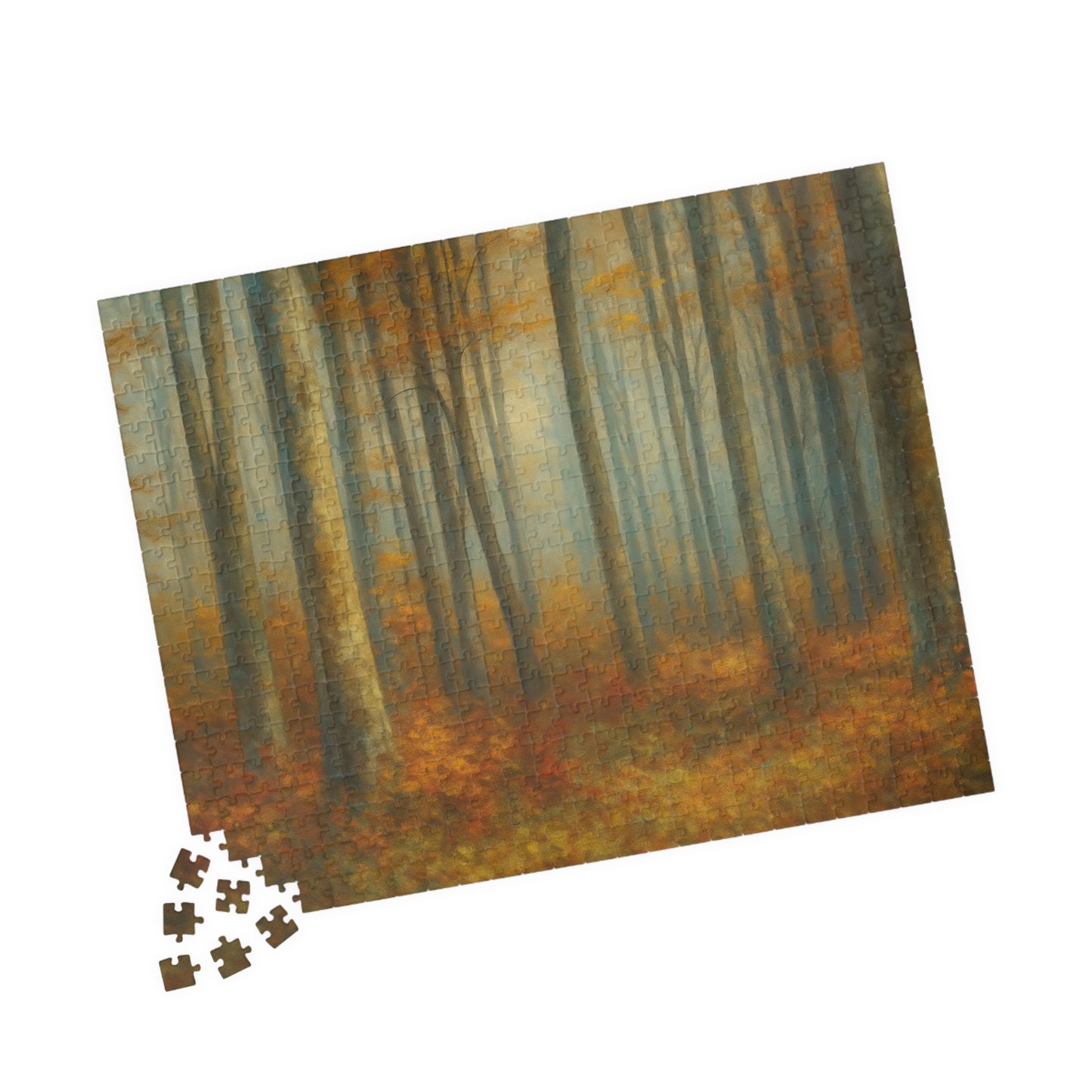 Misty autumn forest puzzle featuring woodland trees, assembled on a table with vibrant fall foliage and detailed forest scenery.