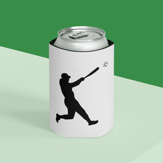 Baseball silhouette can cooler with batting player design, insulated drink koozie for baseball fans, by Printify.
