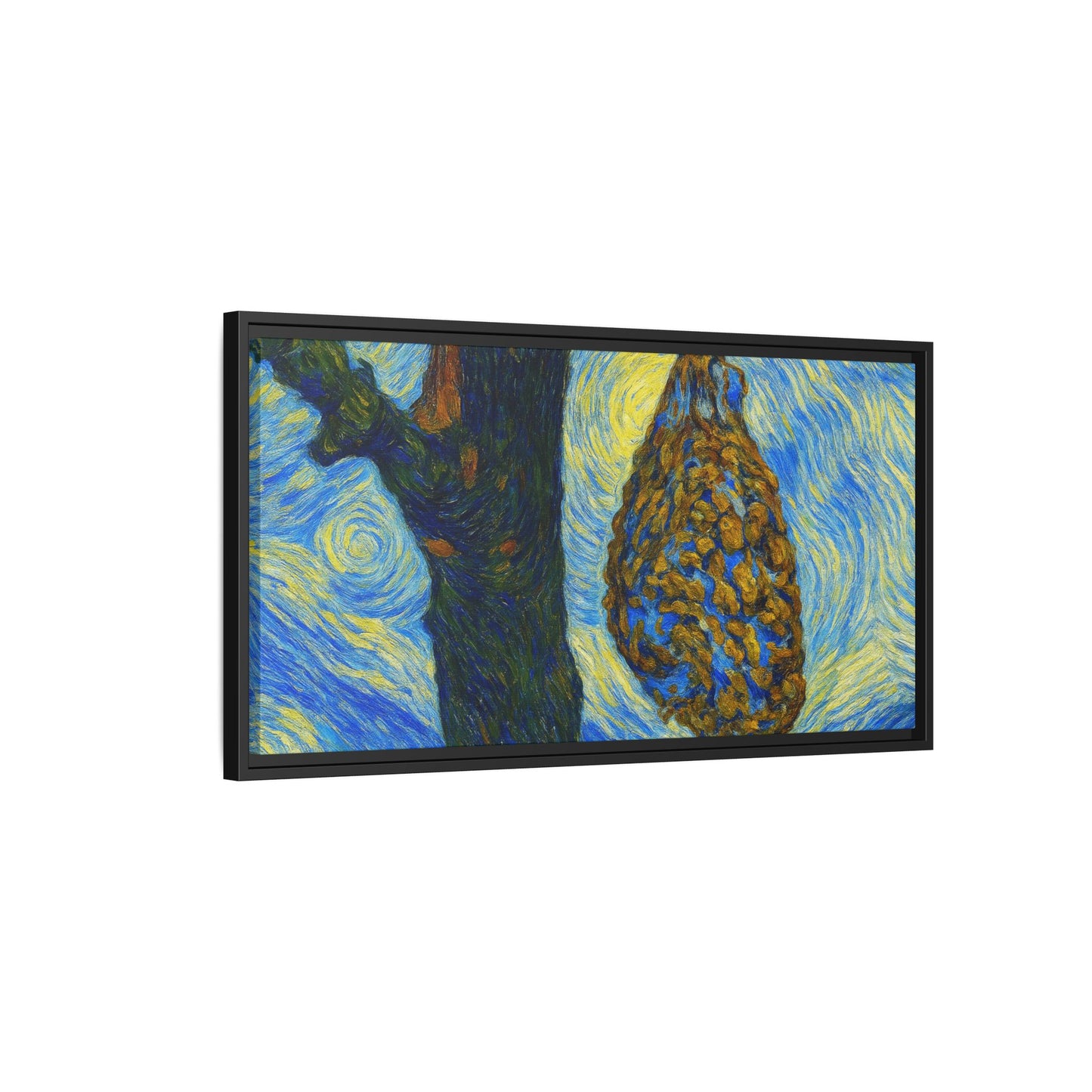Framed matte canvas art of a starry nut cluster with dried plum in a tree, by Printify, hanging on a wall.