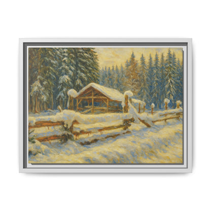 Snowy cabin winter landscape canvas wall art by Printify, featuring a cozy cabin scene in a snowy winter setting.