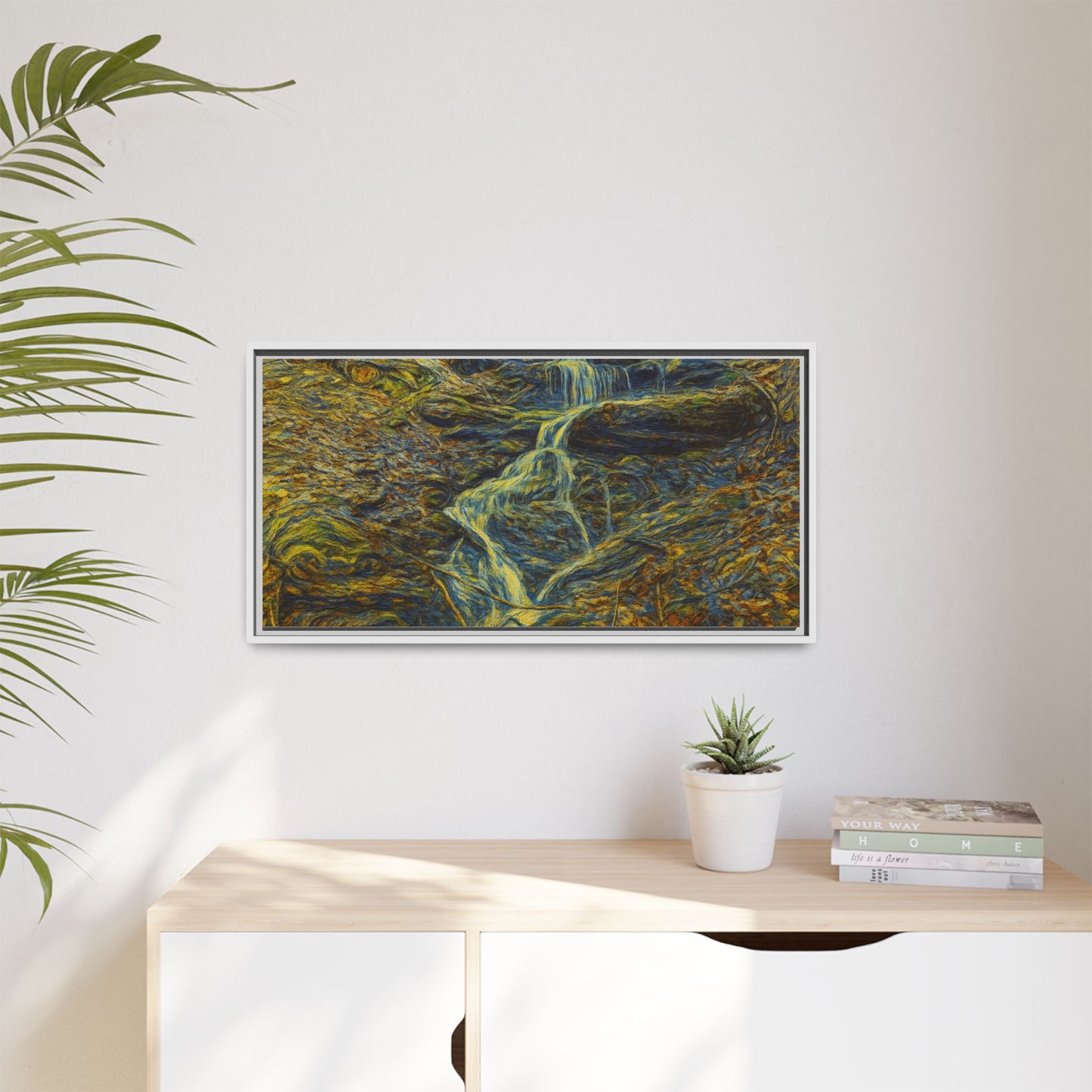 Framed matte canvas wall art of an autumn forest with a waterfall, showcasing vibrant fall colors and natural scenery.