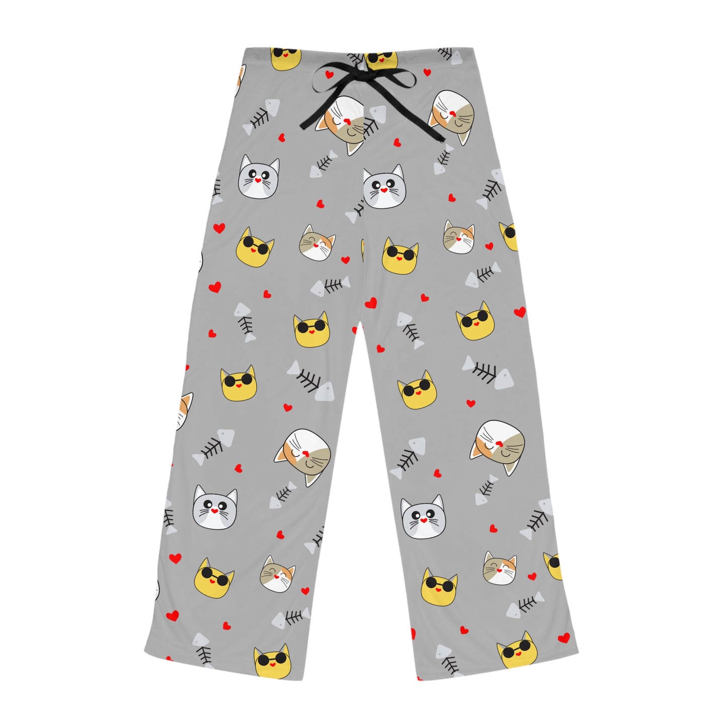 Cute grey women's pajama pants with cat face pattern and all-over print, perfect for sleep and lounging by Printify.