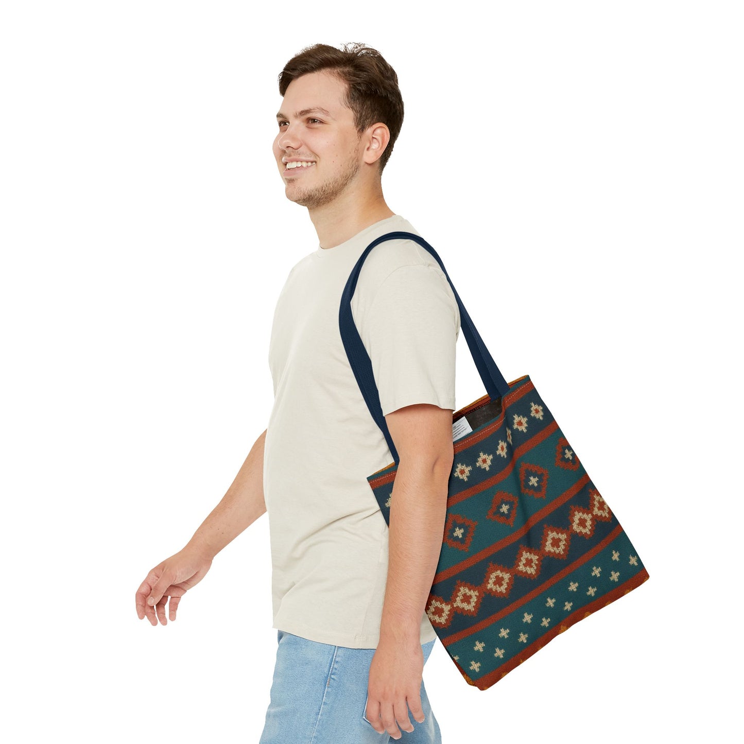Southwestern diamond pattern tote bag with Aztec tribal geometric print, featuring sturdy handles and bold colorful design.