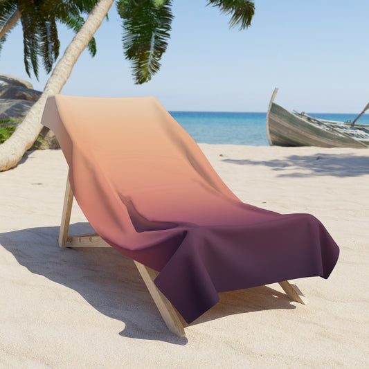 Sunset ombre beach towel by Printify with gradient pink to purple design, showcasing soft fabric and vibrant sunset colors.