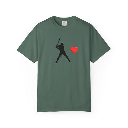 Printify baseball batter heart T-shirt showing a graphic design of a batter with a heart, casual fit, on a plain background.