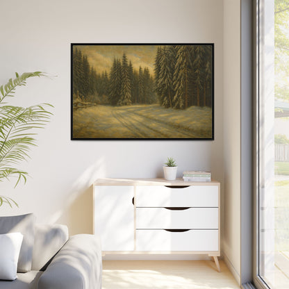 Framed matte canvas wall art featuring a winter forest landscape, showcasing snow-covered trees and serene winter scenery.