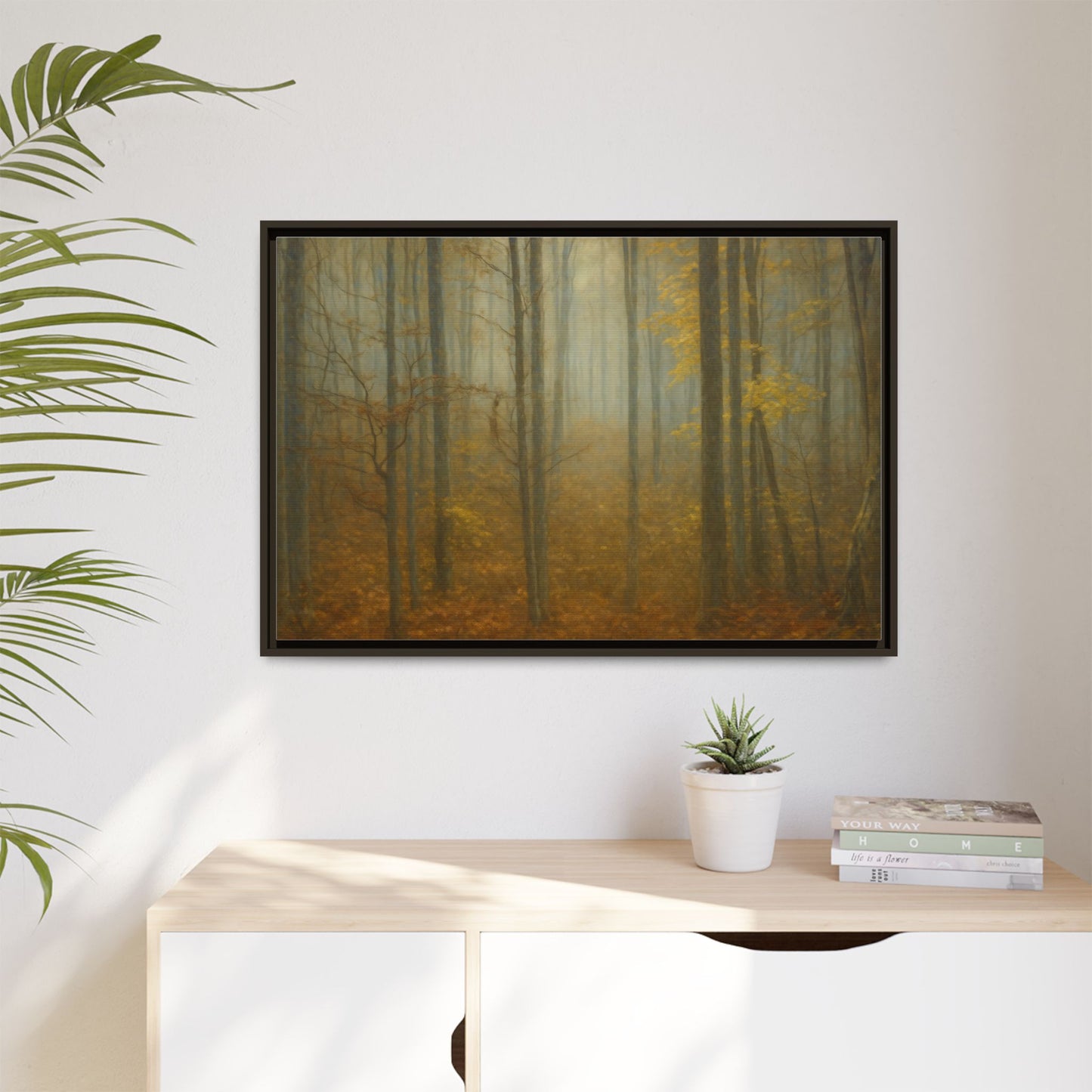 Framed matte canvas print of a misty autumn forest wall art by Printify, showcasing vibrant fall trees and moody landscape.
