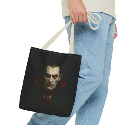 Vampire-themed Gothic tote bag with spooky Halloween design, made by Printify, featuring a dark, eerie illustration on durable fabric.