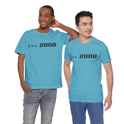 Black graphic T-shirt by Printify featuring "Established 2008" minimal design on the front.