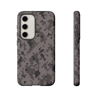 Gray digital camouflage phone case by Printify, tough protective cover designed for smartphones.
