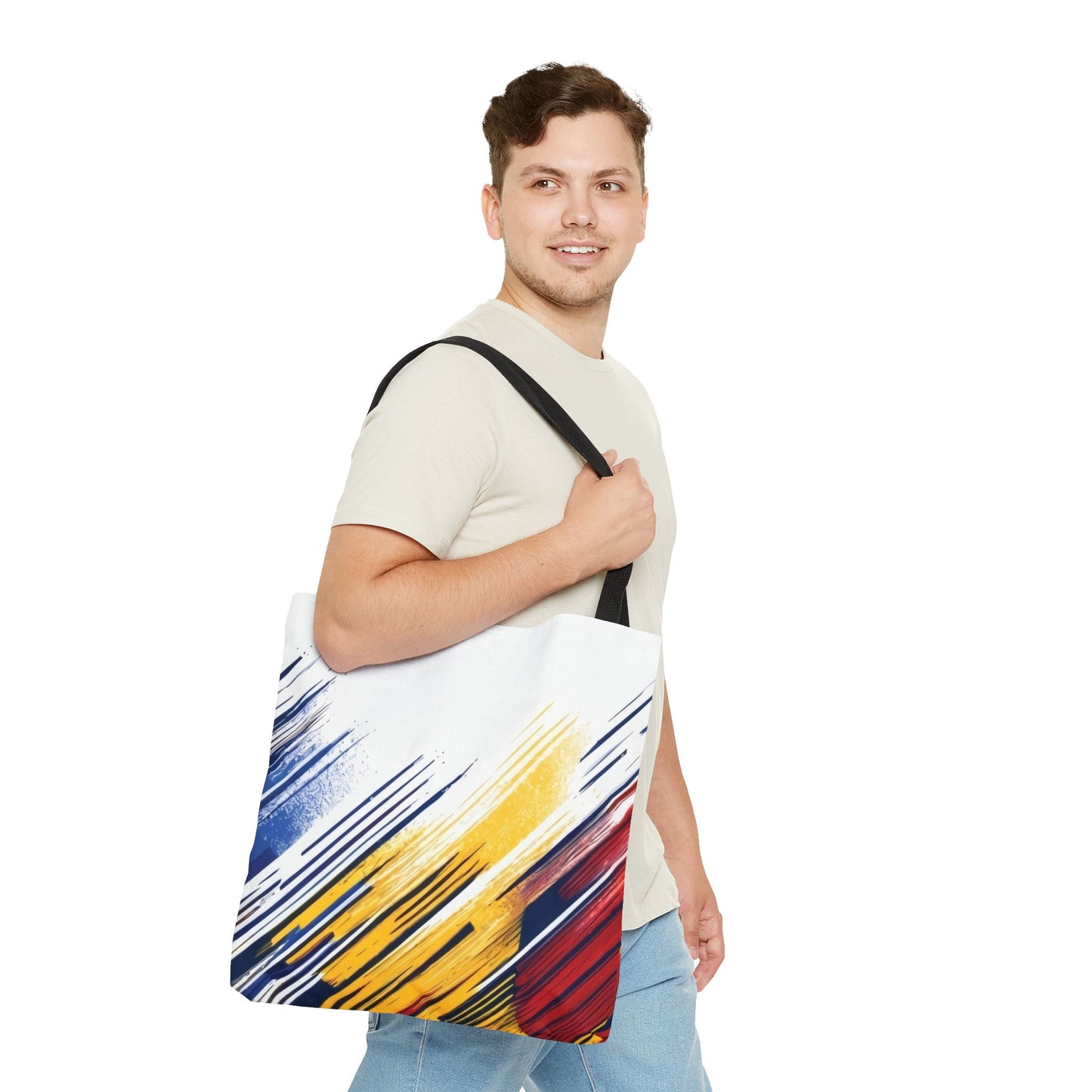 Abstract Brushstroke Tote Bag - Bold Red, Yellow & Blue All-Over Print