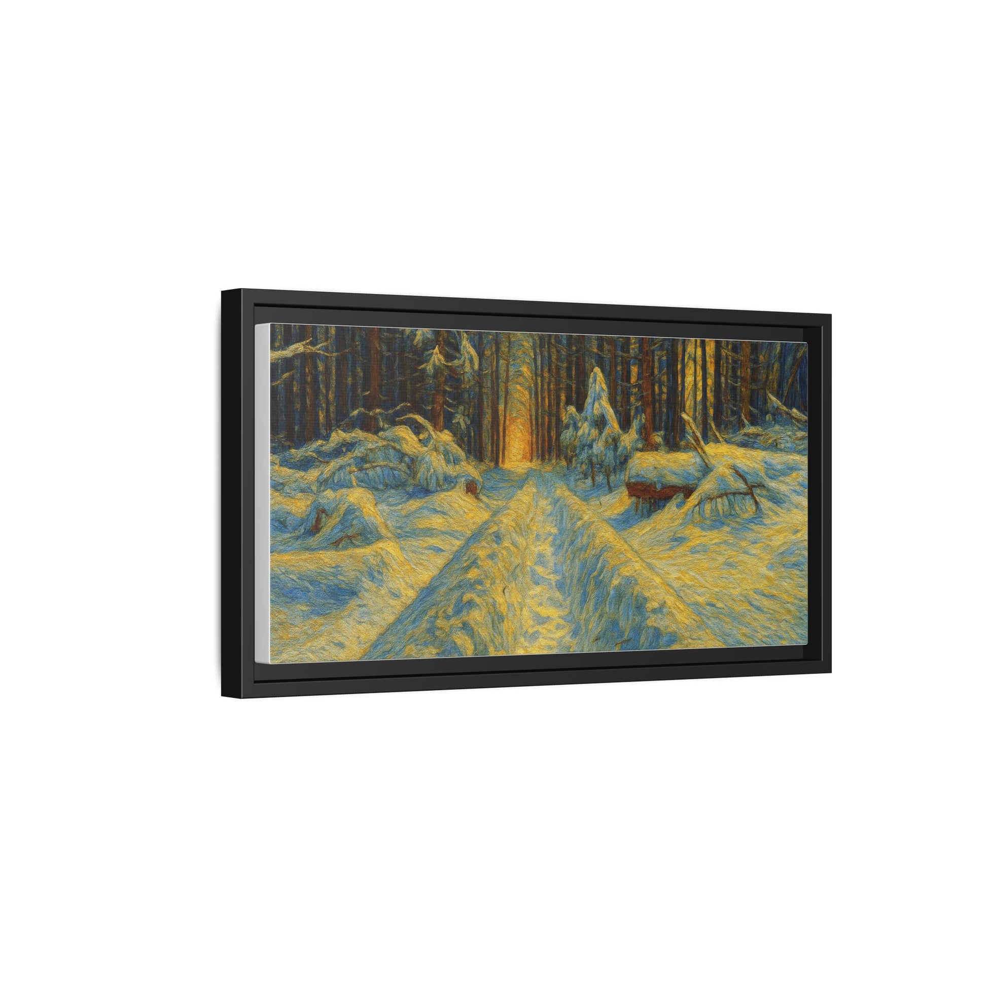 Framed matte canvas print of a snowy forest path at sunset, wall art by Printify featuring a serene winter landscape.