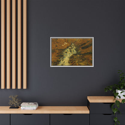 Framed matte canvas print of autumn stream landscape artwork by Printify showing vibrant fall colors and a peaceful stream scene.