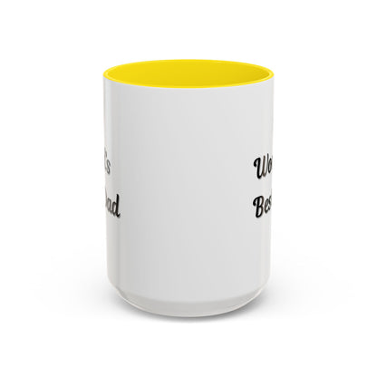 Black trim ceramic coffee mug with "World's Best Dad" slogan, 11oz or 15oz size, by Printify, designed for dad gift.