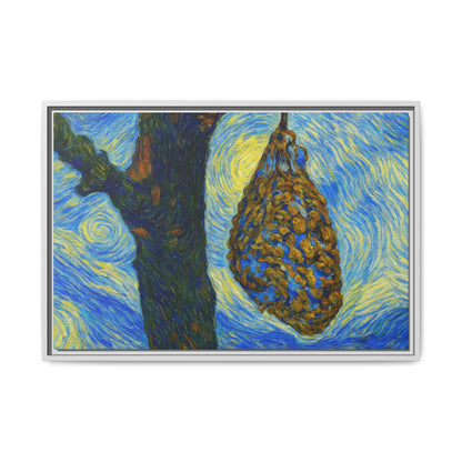 Framed matte canvas art featuring a starry nut cluster with dried plum in a tree, by Printify, showcasing detailed botanical imagery.