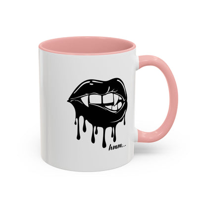 Black drip lips graphic coffee mug with bite mark, 11oz or 15oz size, featuring bold, edgy print on ceramic surface