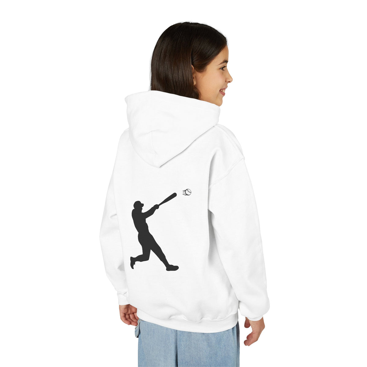 Youth baseball silhouette hoodie for kids, featuring a baseball player design on a pullover sweatshirt by Printify.