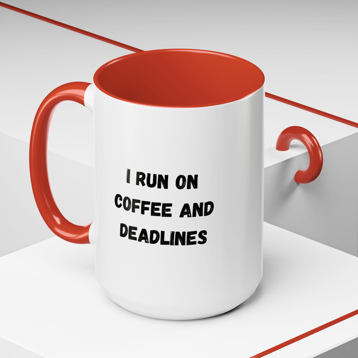 White ceramic mug with black text reading "I Run on Coffee and Deadlines" for coffee lovers and busy professionals.