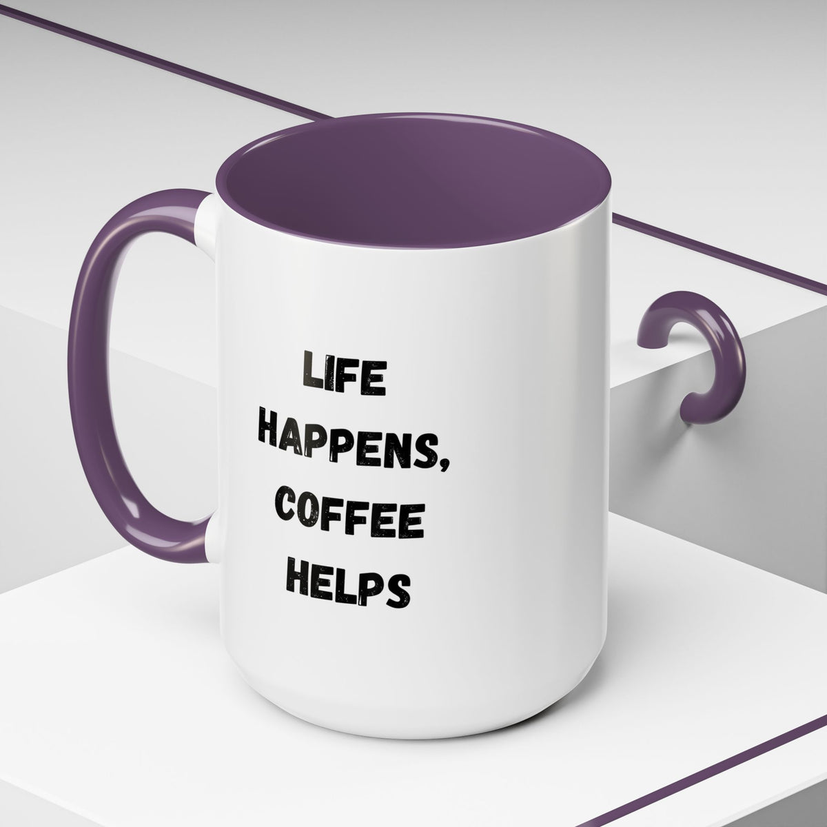 Black ceramic mug with "Life Happens Coffee Helps" text, 11oz or 15oz size, with black handle and rim, by Printify.