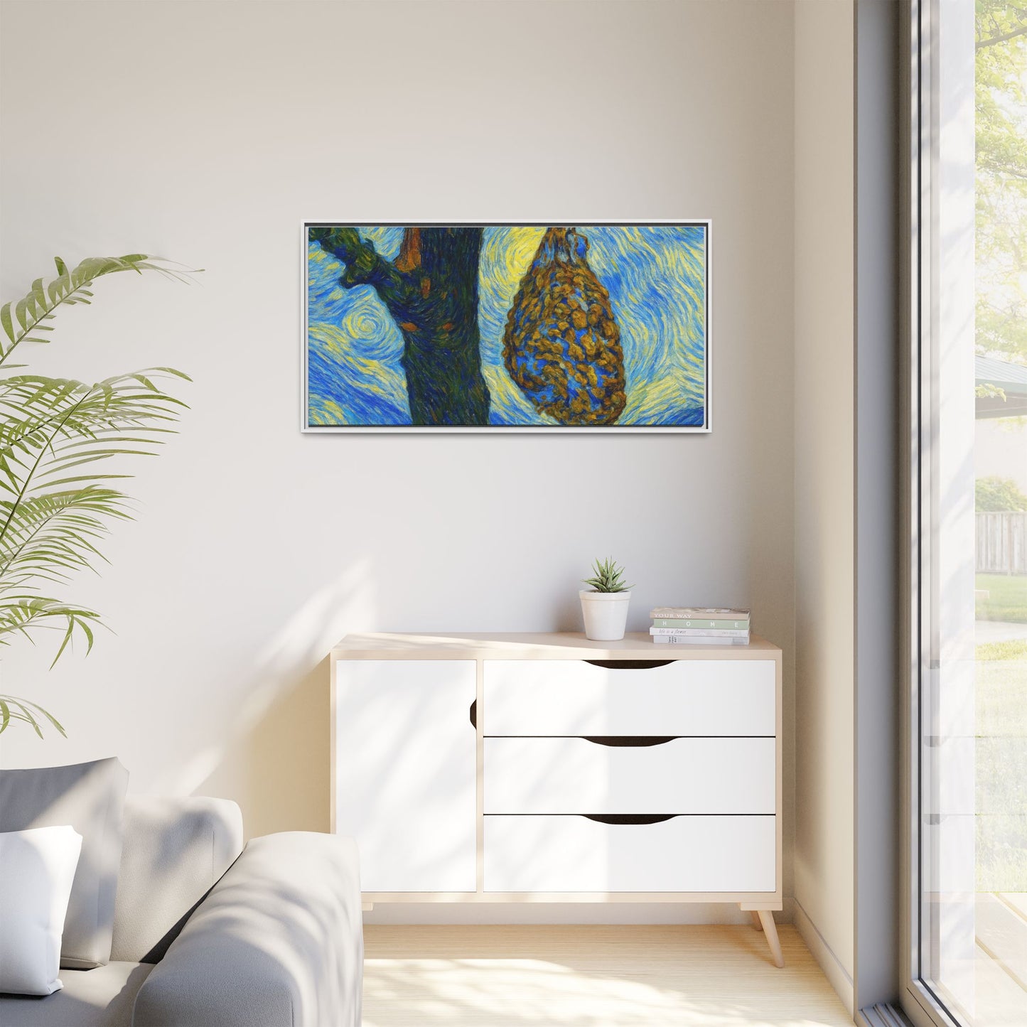 Framed matte canvas art of a starry nut cluster with dried plum in a tree, by Printify, showcasing detailed nature imagery.