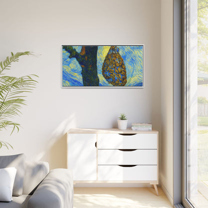 Framed matte canvas art of a starry nut cluster with dried plum in a tree, by Printify, showcasing detailed nature imagery.