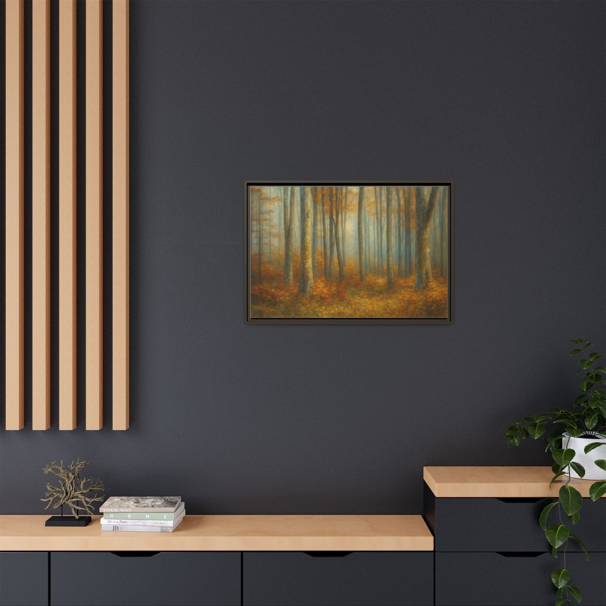 Framed autumn forest canvas print featuring misty woodland scene, wall art from Printify for nature-inspired home decor.