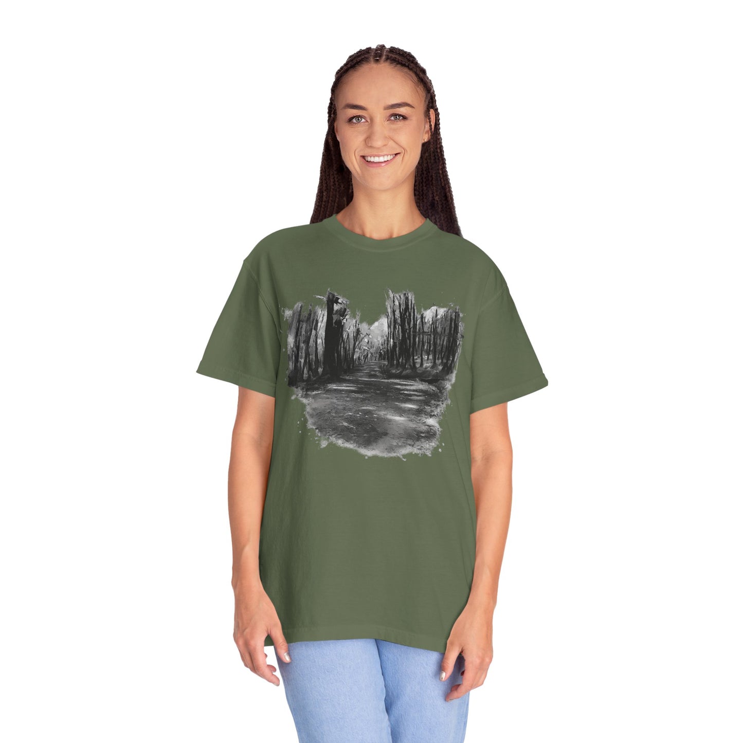 Artistic Forest Scene T-shirt | Nature Lover Gift, Outdoor Adventure Tee, Eco-Friendly Fashion, Vintage Inspired Clothing, Unisex Gift - TRV