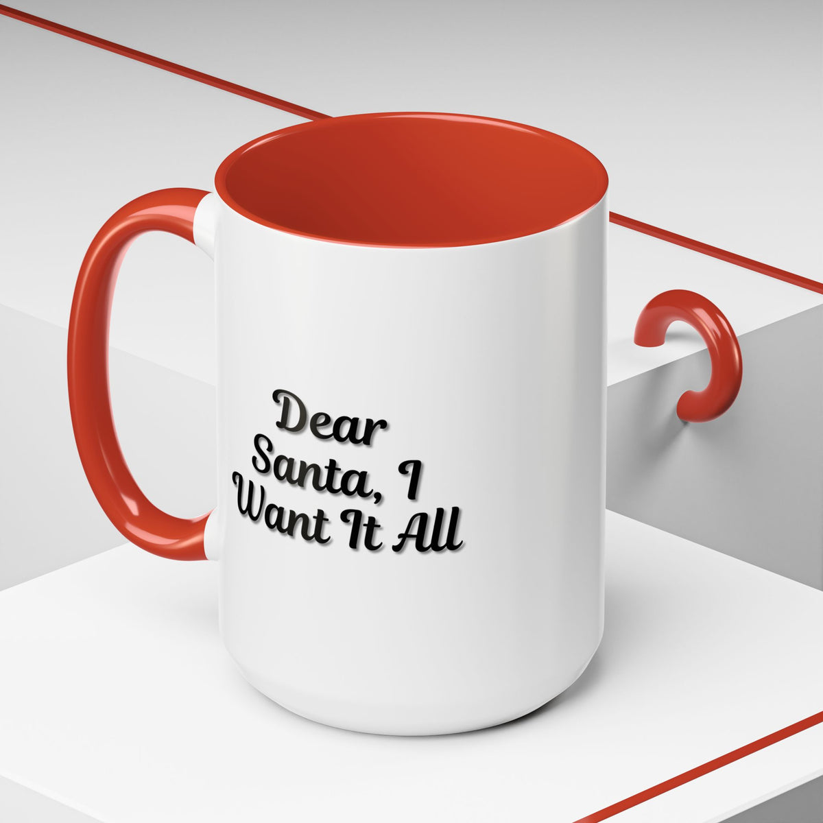 White ceramic "Dear Santa I Want It All" holiday coffee mug with red and green Christmas accents, designed by Printify.