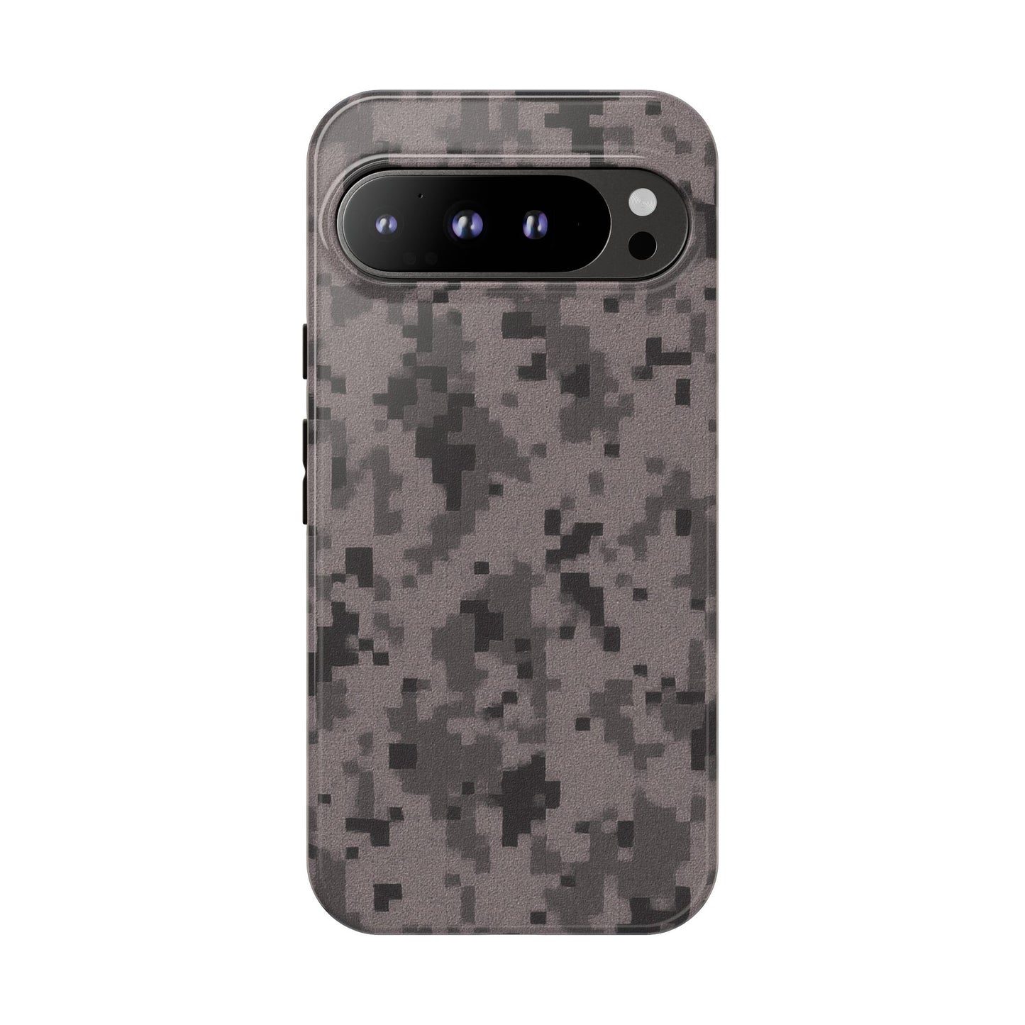 Gray digital camouflage phone case by Printify, tough protective cover with a rugged camouflage pattern for smartphones.
