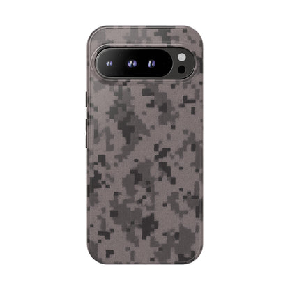 Gray digital camouflage phone case by Printify, tough protective cover with a rugged camouflage pattern for smartphones.