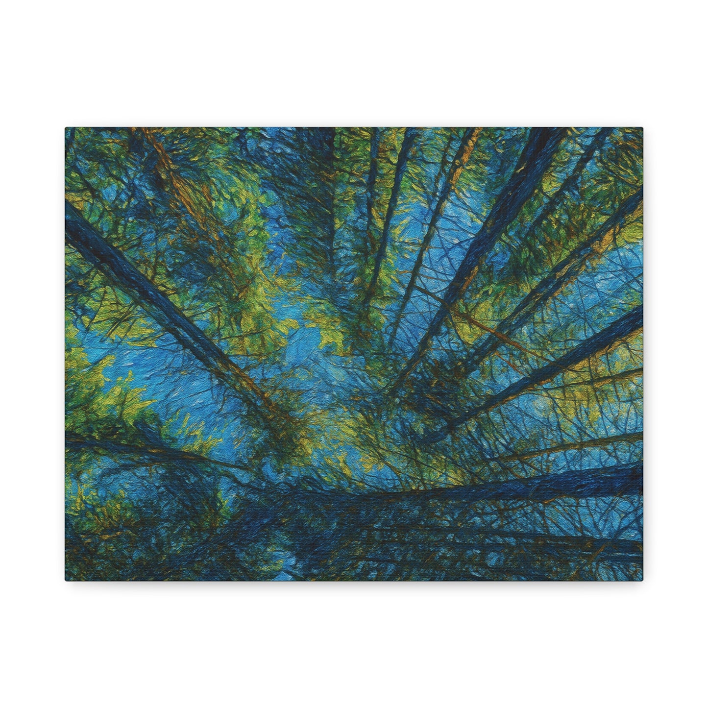 Forest Canopy Matte Canvas Wall Art — Upward View of Trees, Blue & Green Nature Print