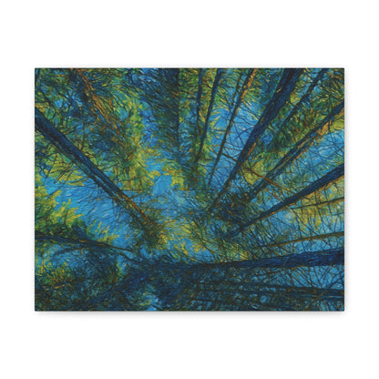Forest Canopy Matte Canvas Wall Art — Upward View of Trees, Blue & Green Nature Print