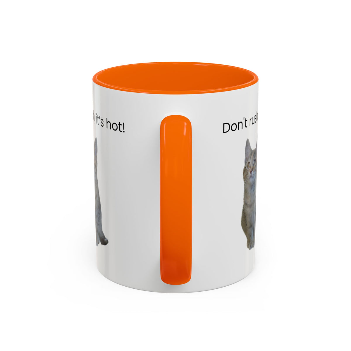 Ceramic cat coffee mug with "Don't rush, it's hot!" slogan, 11 oz, white with black handle, ideal for hot beverages.