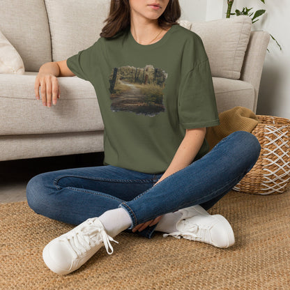 Vintage forest landscape T-shirt by Printify featuring a nature pathway scene on a comfortable cotton tee.
