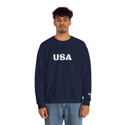 USA crewneck sweatshirt by Printify featuring a cozy patriotic design, ideal for casual wear and seasonal gift-giving.
