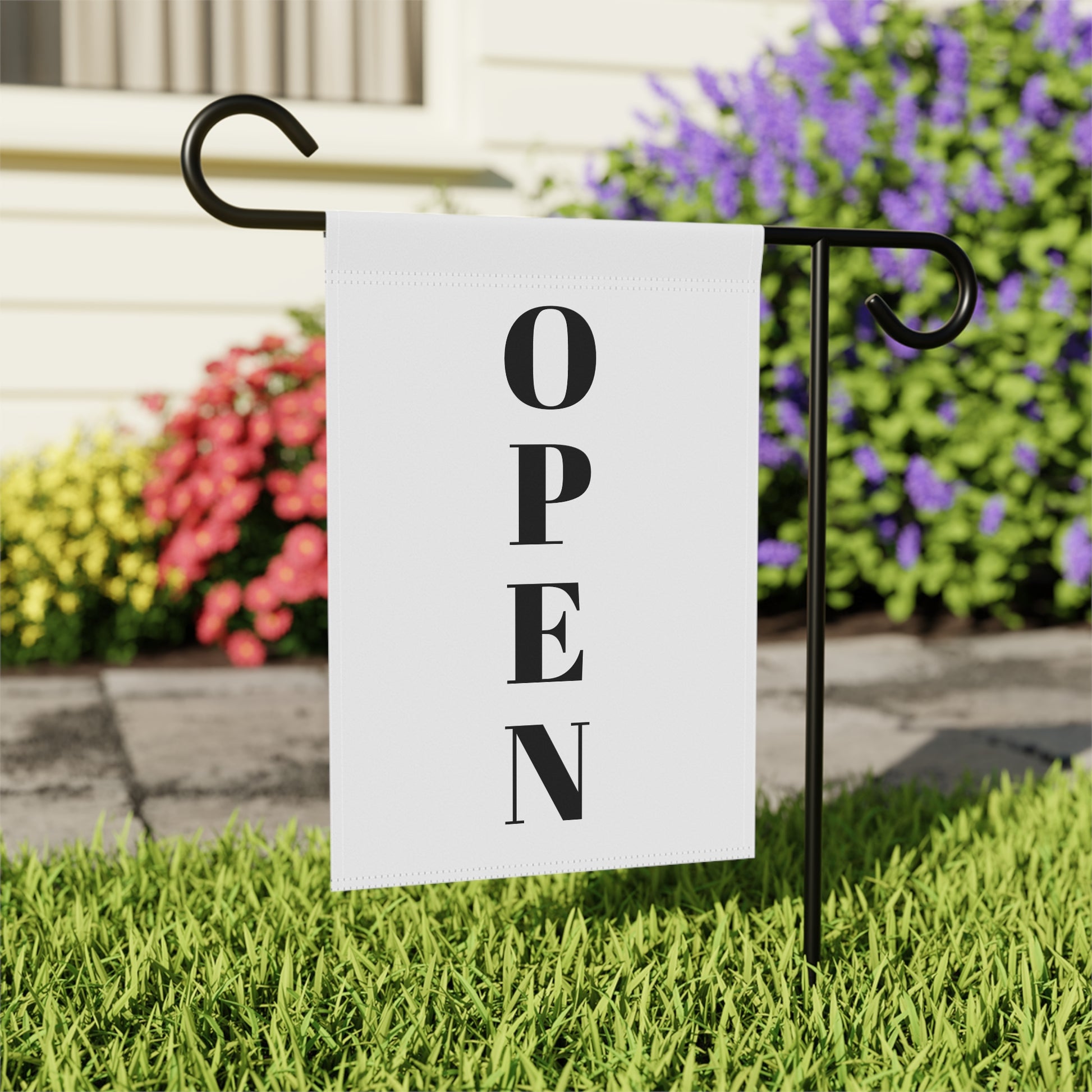Open for Business garden flag by Printify featuring a welcoming "Welcome" design for yard or garden display.