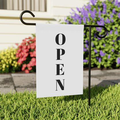 Open for Business garden flag by Printify featuring a welcoming "Welcome" design for yard or garden display.