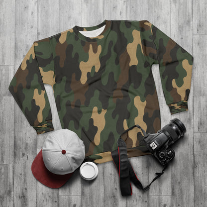 Camo all-over print sweatshirt by Printify featuring a camouflage pattern on soft fabric, ideal for casual wear.