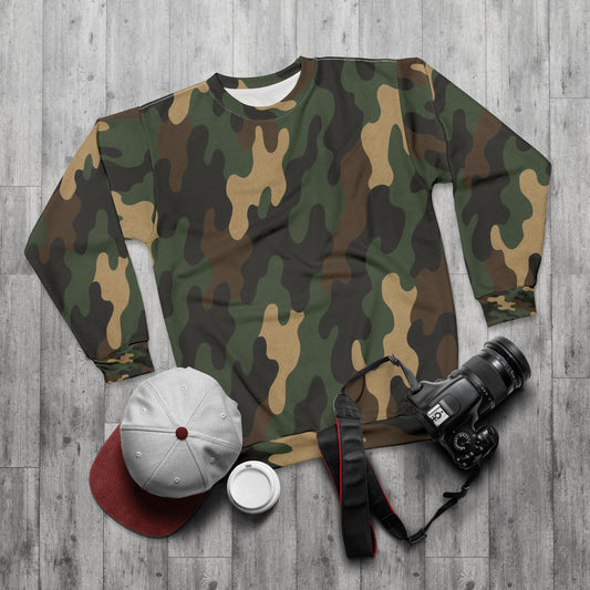 Camo all-over print sweatshirt by Printify featuring a camouflage pattern on soft fabric, ideal for casual wear.
