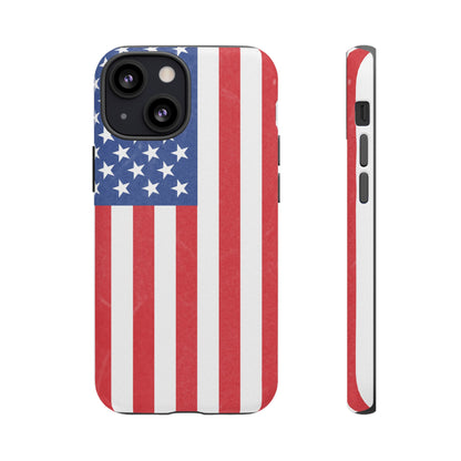 American flag tough phone case for iPhone and Samsung, patriotic protective cover with bold flag design by Printify.