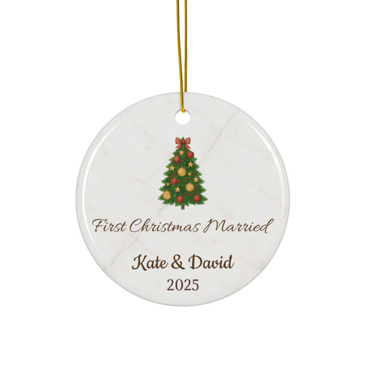 First Christmas Married Ceramic Ornament, personalized names and year - view 1
